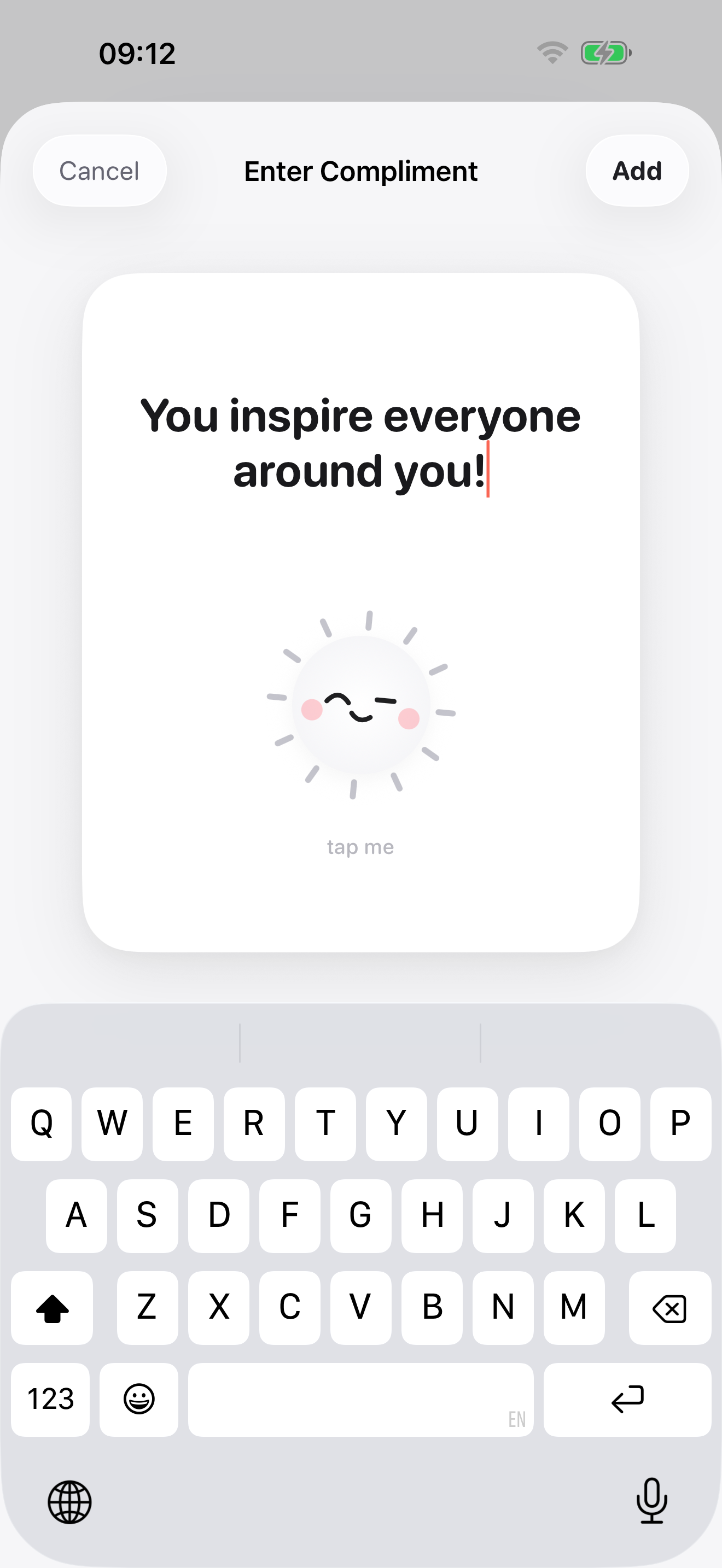 The Enter Compliment screen with a custom cute face